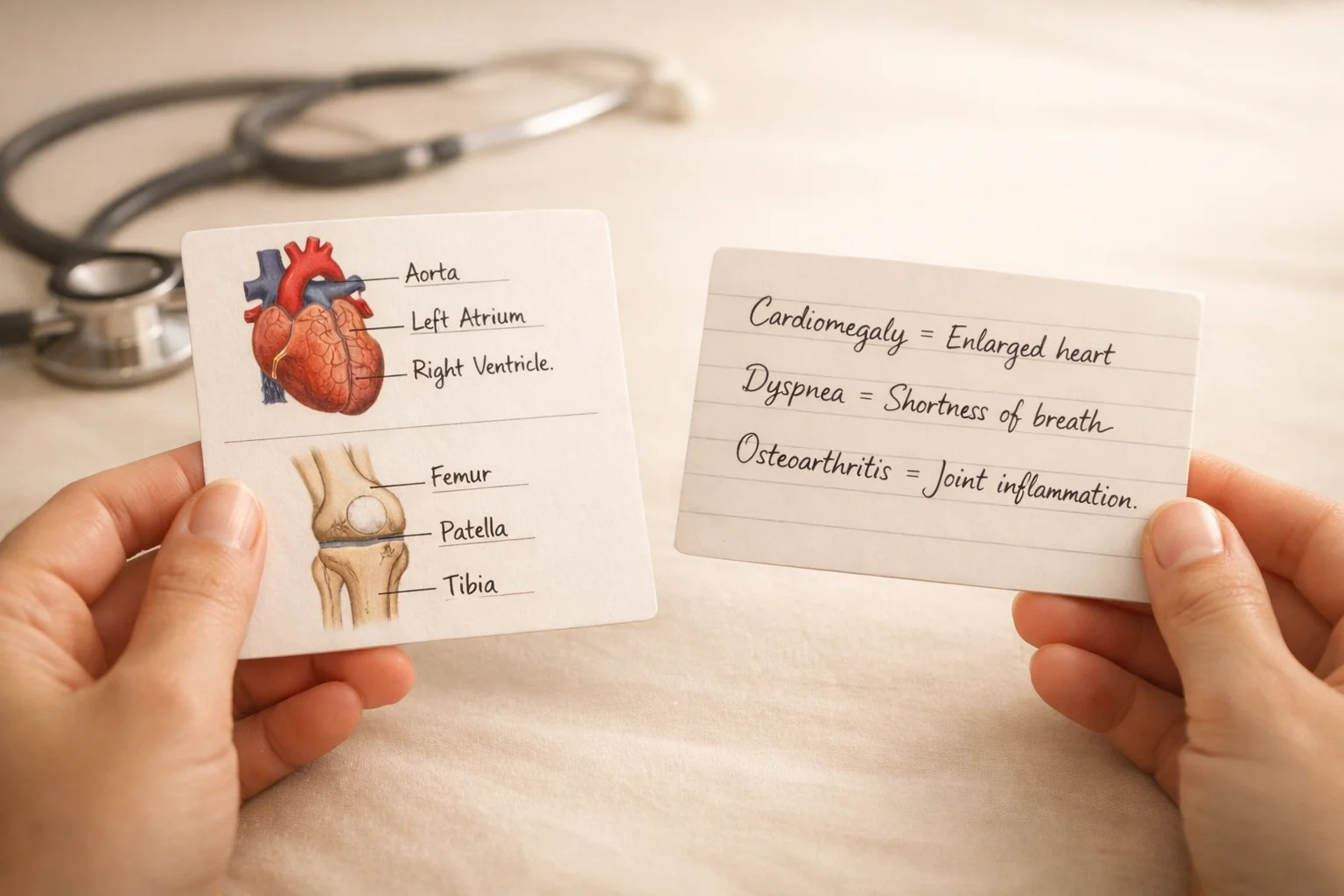 Medical flashcards displaying anatomical diagrams and complex medical terminology, emphasizing the specialized knowledge required for accurate medical interpreting in Evansville.