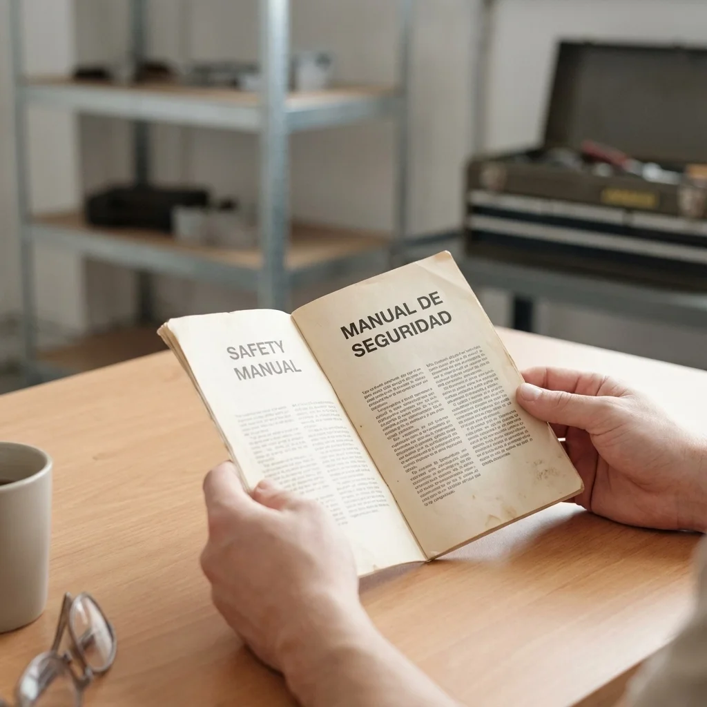 Worker reviewing a bilingual safety manual in a manufacturing setting, illustrating how language barriers affect training comprehension in Kentucky manufacturing facilities.