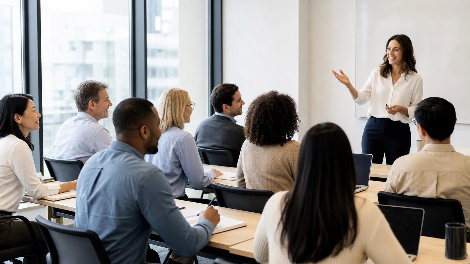 Instructor presenting to a seated group of employees in a bright office training room.​