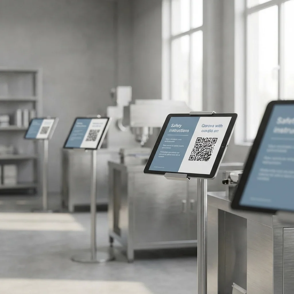 Digital safety instruction screens with QR codes on a factory floor, supporting multilingual workplace safety communication in Southwest Indiana