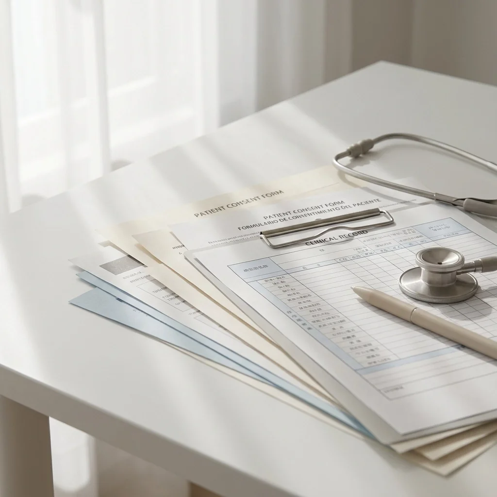 Certified medical forms and patient consent documents with stethoscope on a desk, representing certified medical document translation services in Illinois