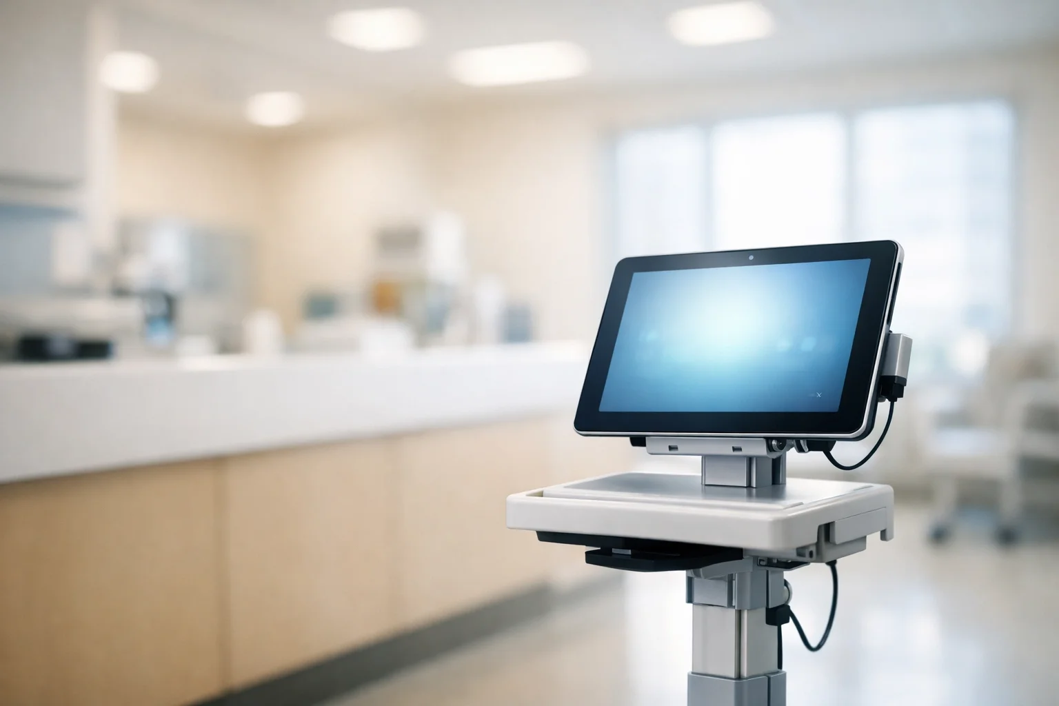 Mobile tablet on a rolling medical cart inside a hospital setting, ready to connect patients with a VRI platform in a Louisville healthcare facility.