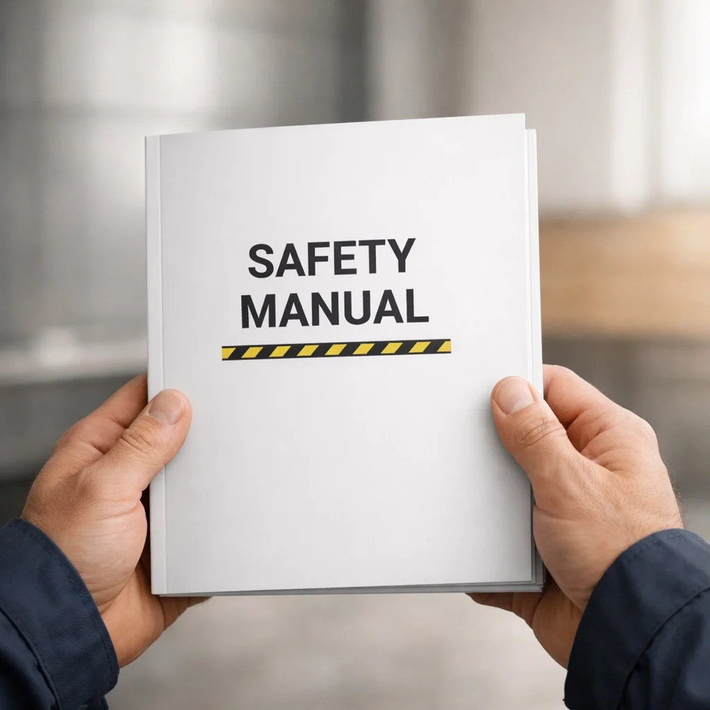 Worker holding a translated safety manual, supporting workplace translation in manufacturing for multilingual teams.