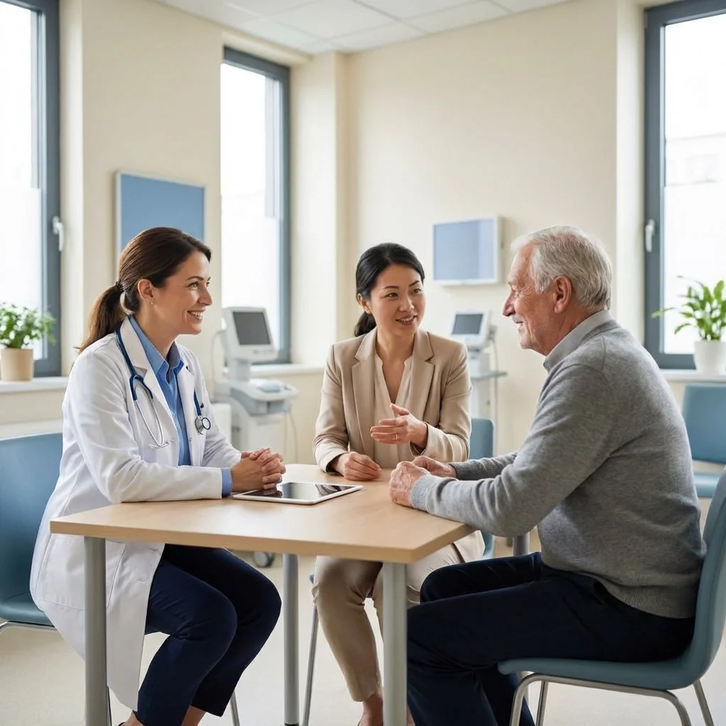 Medical professional and interpreter assisting an elderly patient during a healthcare consultation, demonstrating spoken vs. written language services in a clinical setting.