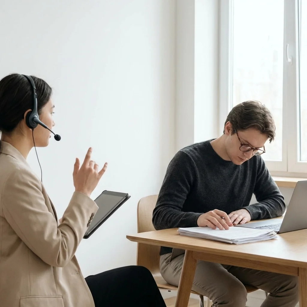 Professional interpreter providing spoken language services while a client reviews written documents, illustrating the difference between spoken vs. written language services in a business setting.