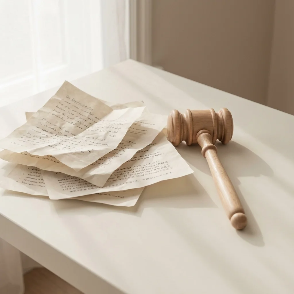 Legal document translation Illinois concept showing translated legal papers and a judge’s gavel on a professional workspace