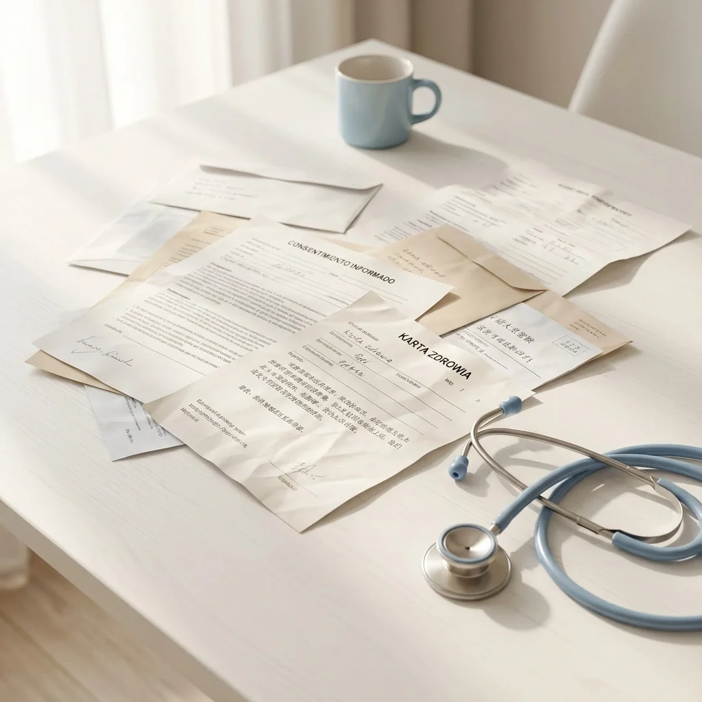 Certified medical translation documents in multiple languages reviewed on a healthcare desk with stethoscope, supporting compliant medical translation services in Illinois.