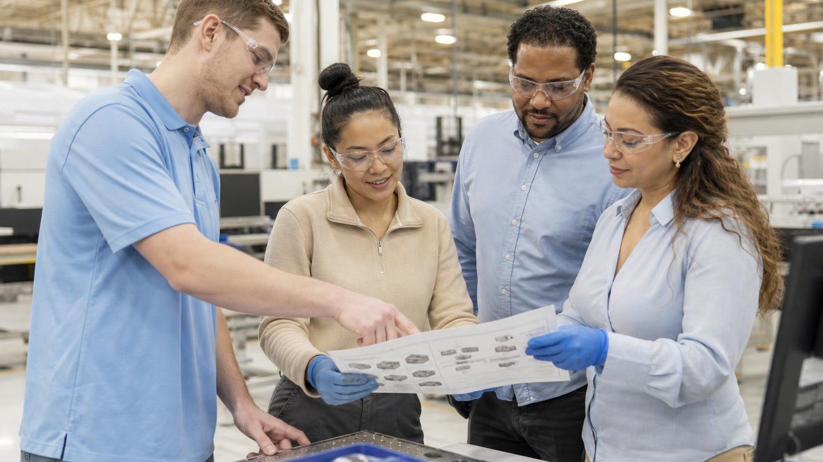 Multicultural production team reviewing manufacturing work instruction translation Indiana materials in a bright Tri-State factory