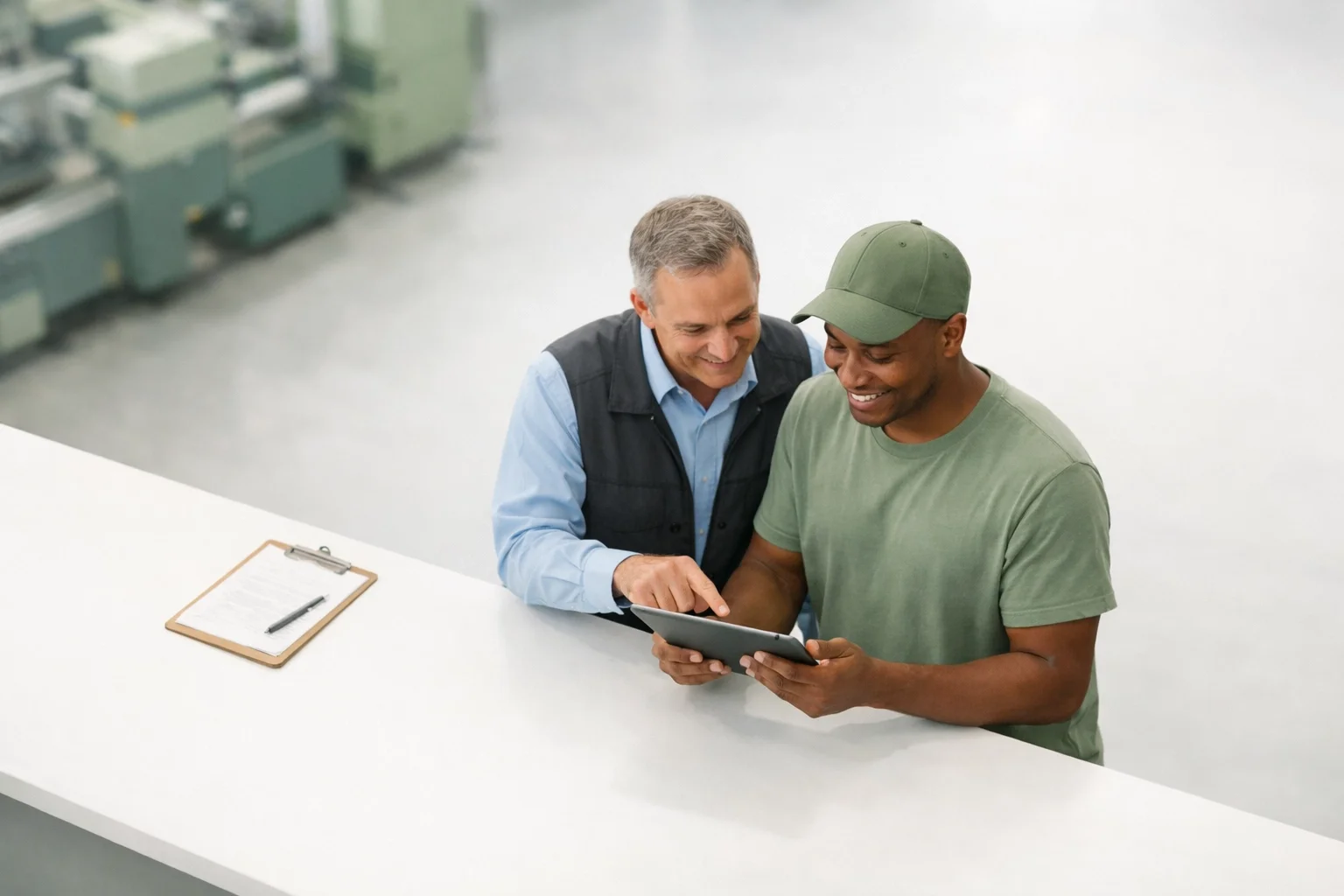 Supervisor and worker reviewing translated content on a tablet in a manufacturing facility, demonstrating workplace translation in manufacturing.