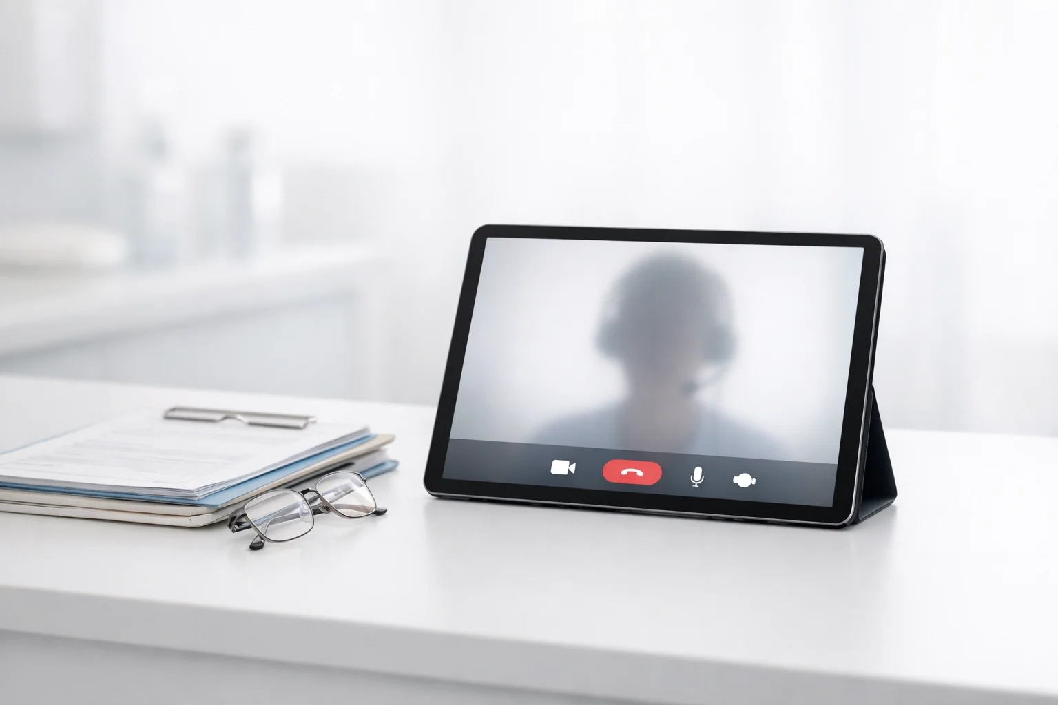 Tablet displaying a video call with a remote interpreter in a clinical setting, representing modern medical interpretation services in healthcare