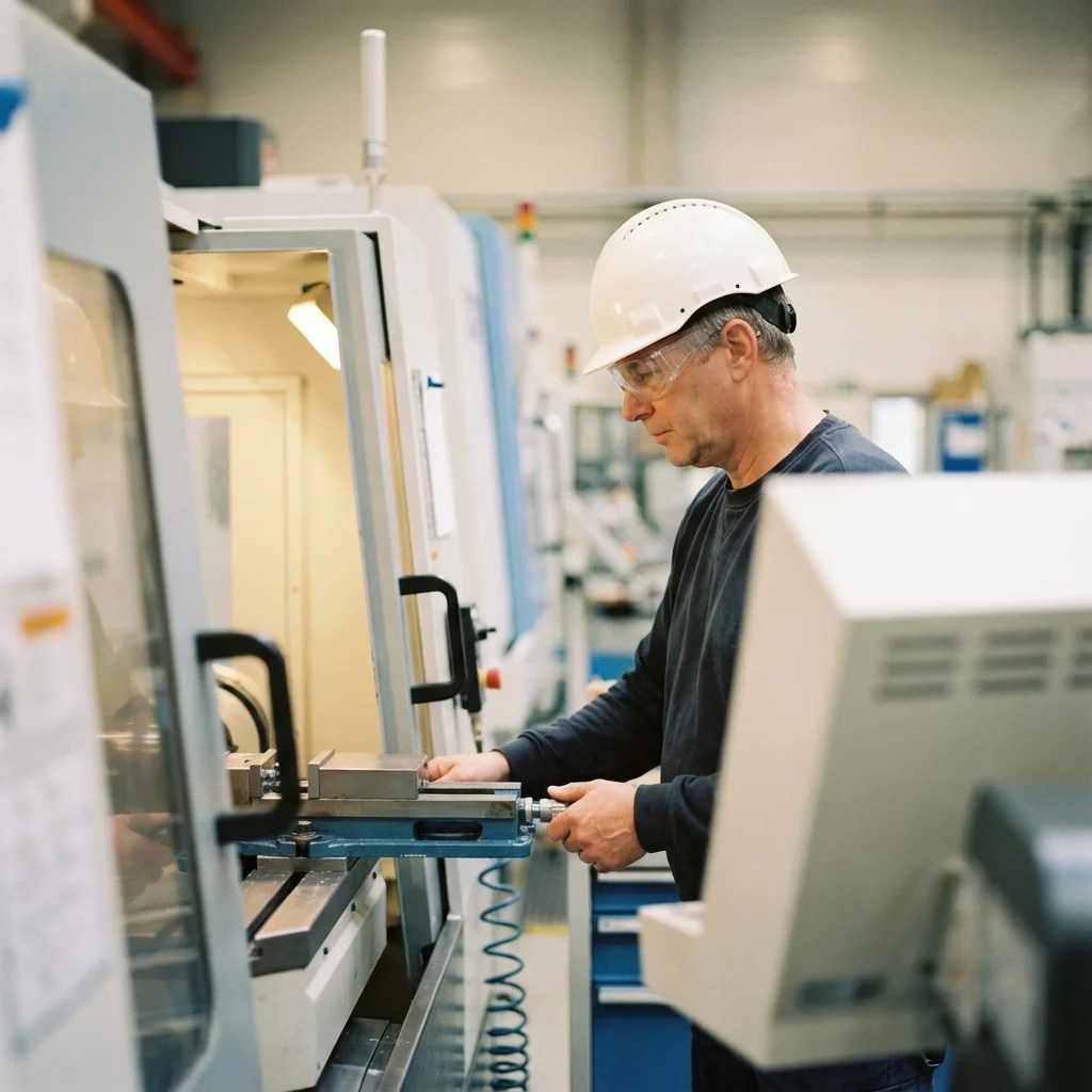 Manufacturing worker operating industrial machinery while following instructions, illustrating how language barriers affect safety and operational accuracy in Kentucky manufacturing facilities.