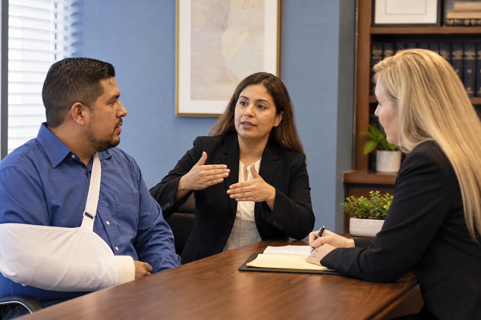 Workers compensation interpreters Indiana — certified interpreter assisting injured worker at law office in Evansville