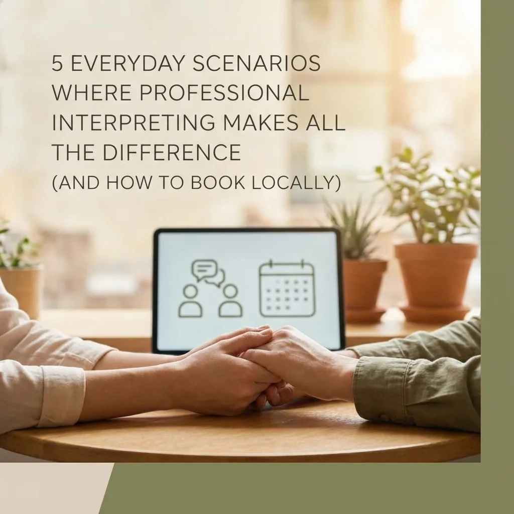 Hands held across a table during a professional interpreting session, with on-screen icons representing communication and scheduling, highlighting the value of professional interpreting services in everyday situations.