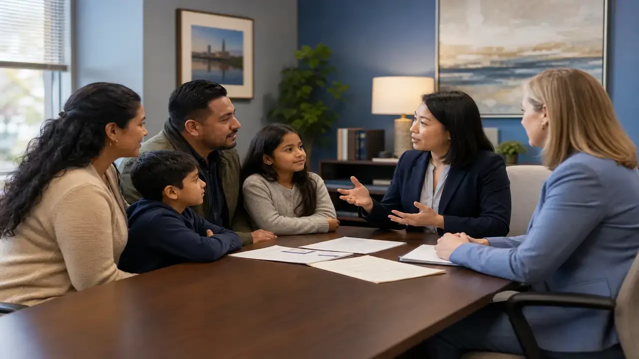 Immigrant family meeting with legal aid attorney and professional interpreter in Evansville Indiana