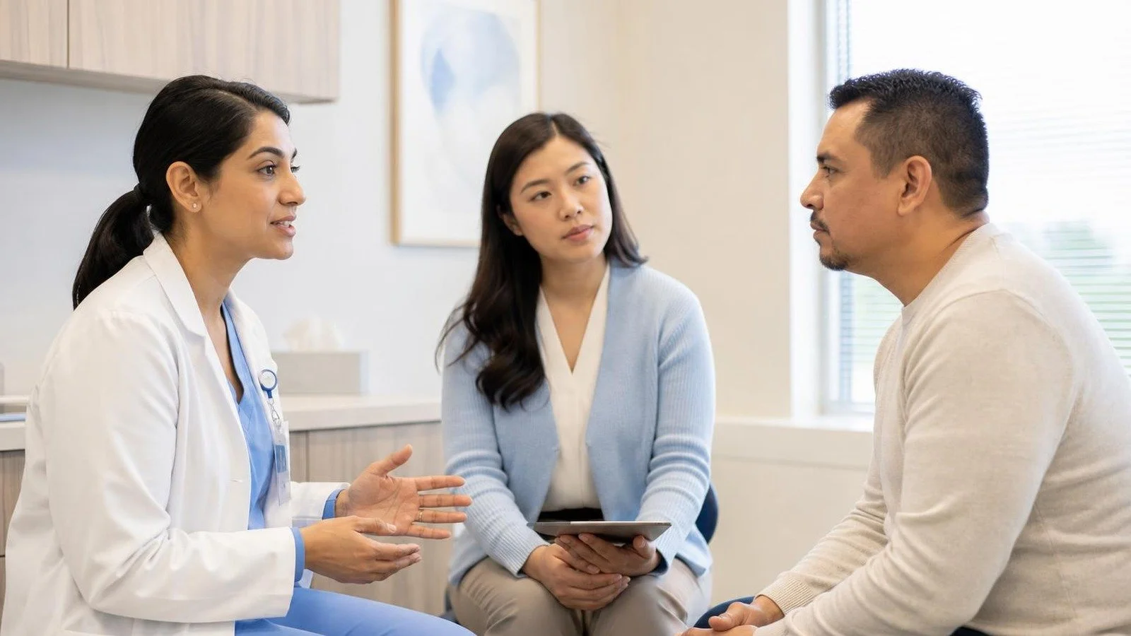 Patient, clinician, and qualified medical consent interpreters Indiana teams use for a clear procedure discussion in a bright clinic