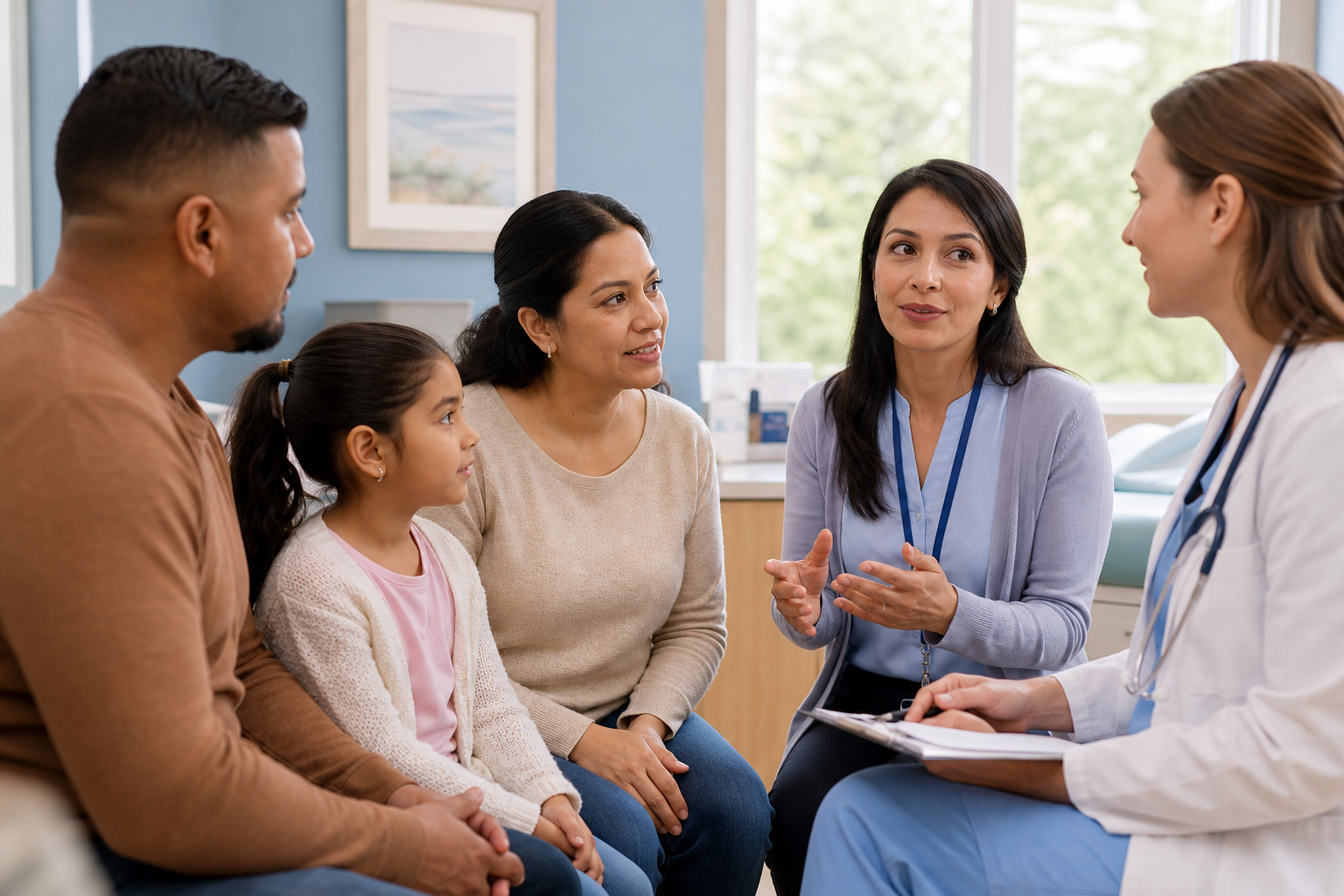 Medical interpreter assisting a Spanish-speaking family during a pediatric clinic consultation in Indiana