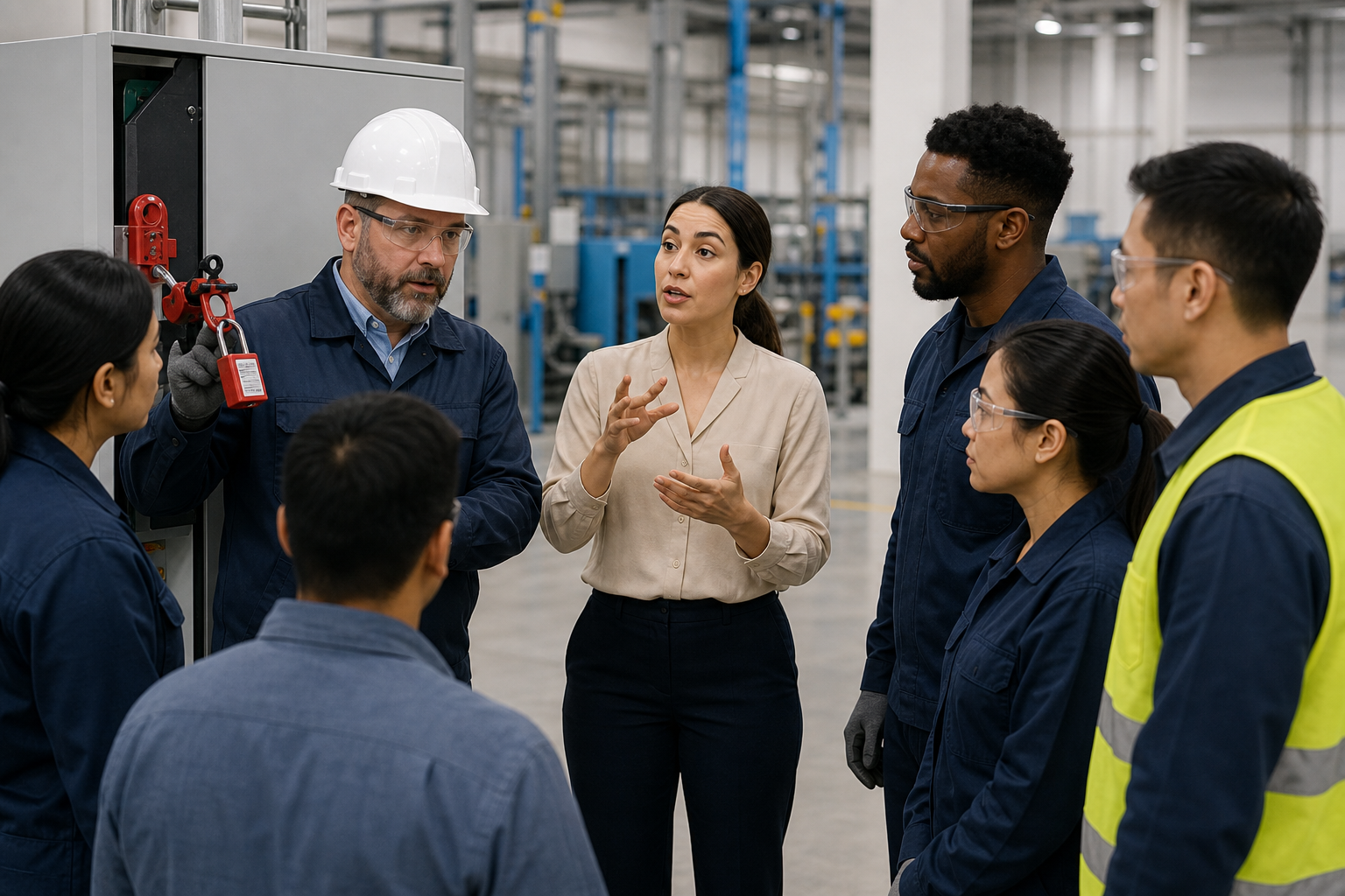 Interpreter helping multilingual manufacturing employees understand workplace safety training