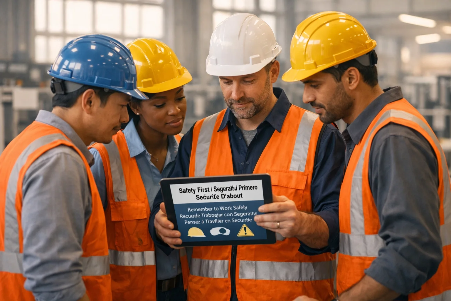 Diverse group of factory workers in hard hats and safety vests reviewing multilingual OSHA safety translation on a tablet in a manufacturing facility.