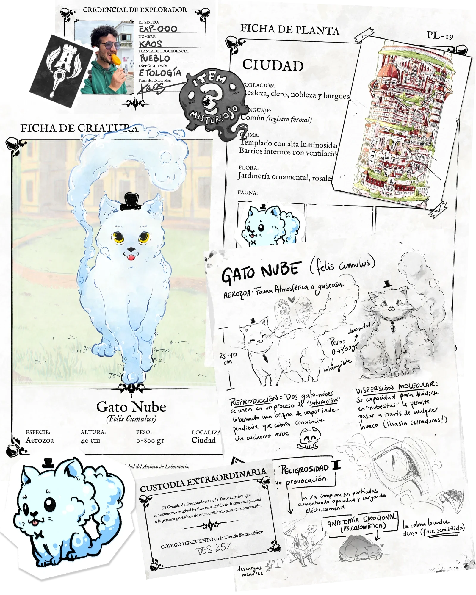 Colección de documentos y dibujos relacionados con criaturas míticas, en particular el gato nube, con ilustraciones y notas en español, incluyendo diagramas, descripciones y firmas.