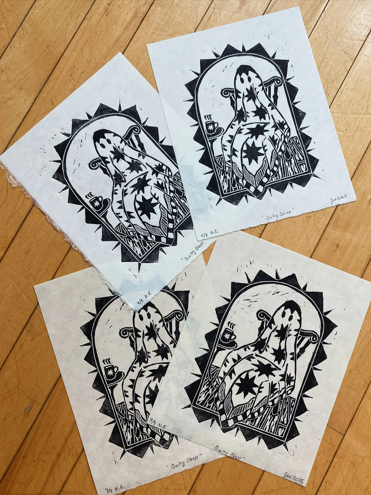 🚨 I am down to just these 4 Quilty Ghost linocut prints in my shop! 🚨

All are from the &ldquo;noisy&rdquo; edition. The bottom two are printed on a creamy Awagami kitakata paper, which is a little extra antique and spooky looking if you ask me. Th