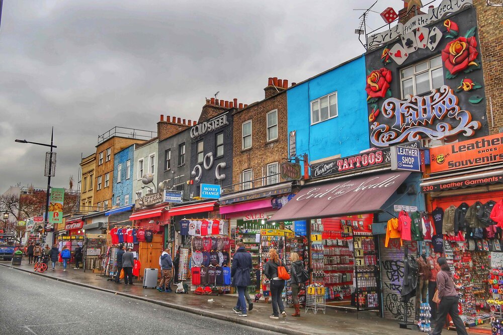 Colourful shopfronts in Camden Town, London, England.