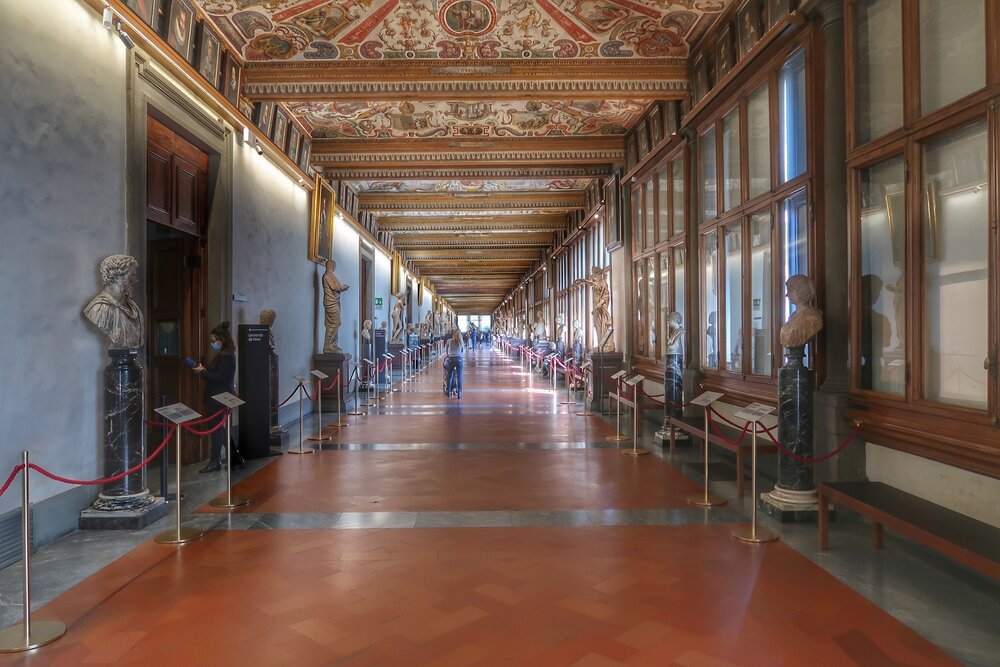 Inside the hallways of the Uffizi Galleries in Florence, Italy.