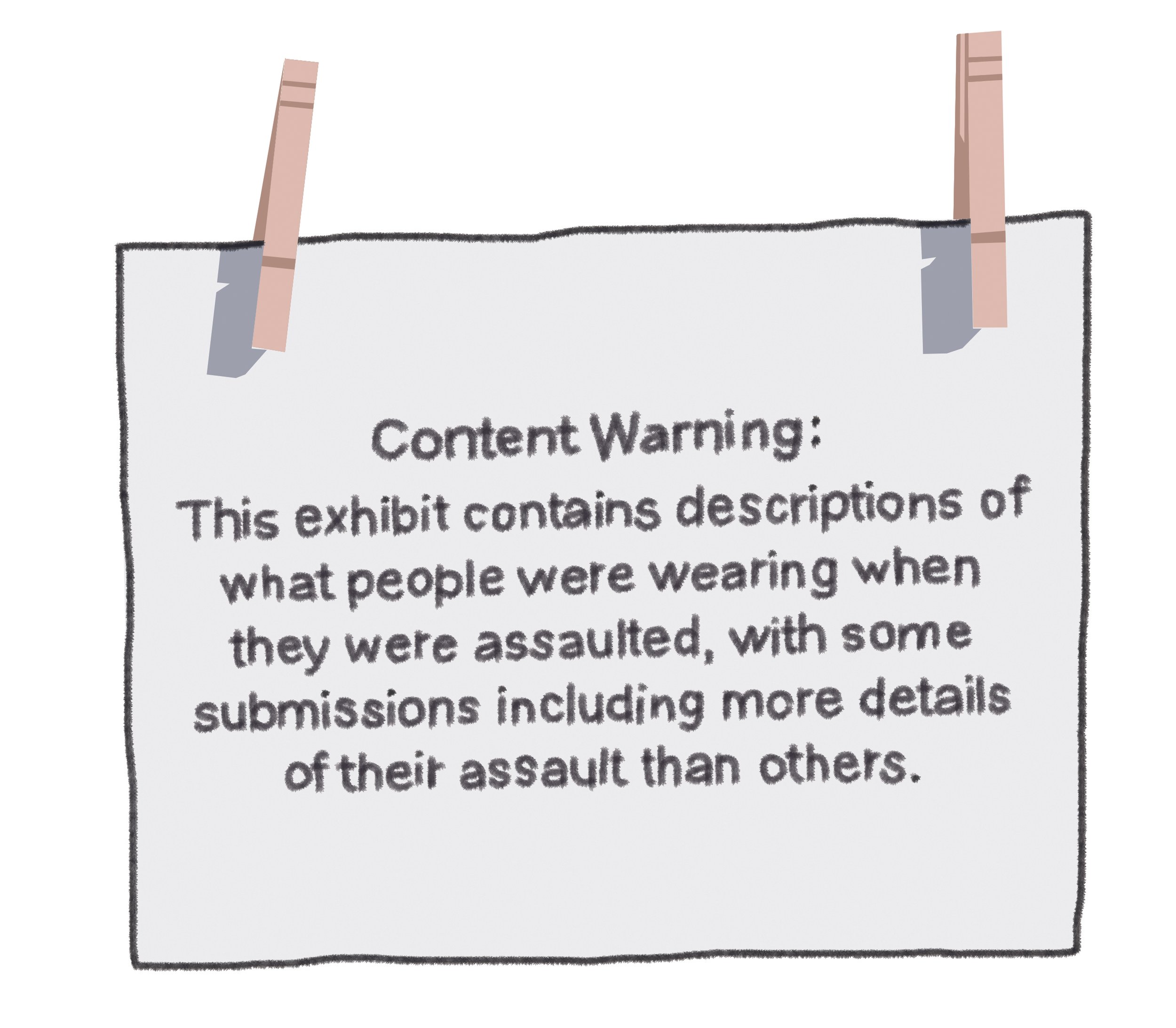 CONTENT WARNING: This exhibit contains descriptions of what people were wearing when they were assaulted, with some submissions including more detail of their assault than others.