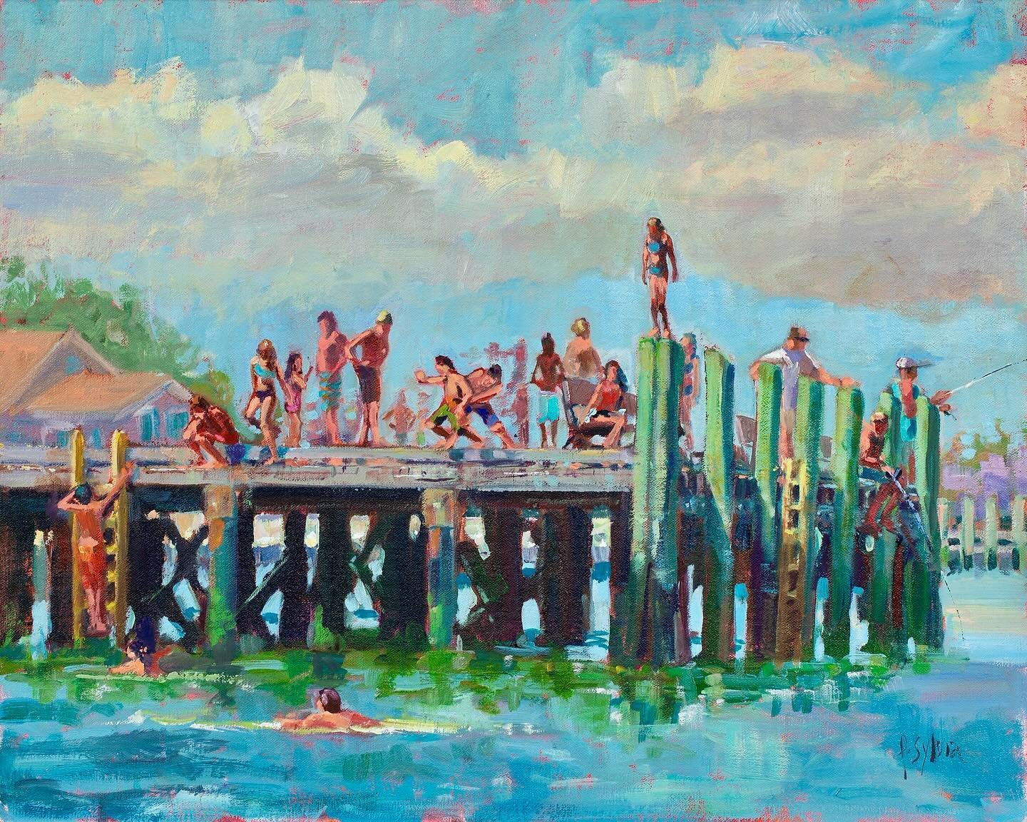 Oh those Halcyon days! Nostalgic oil painting &ldquo;Jumpers&rdquo;. Who hasn&rsquo;t jumped off a pier or dock feeling so brave and free. 
This painting will be at the reception opening of an art show at Providence Art Club April 21. 2-4pm. Join Bob