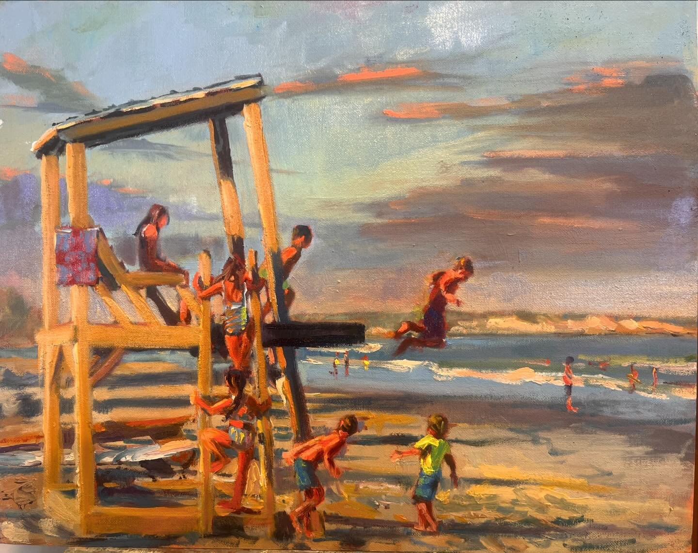 At 6:00pm the Lifeguards go off duty. Kids wait for this moment to climb on the guard stands and jump off. The perfect magic hour memory. Halcyon days❤️