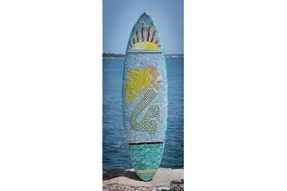 Sarah Dugas Abt created these &ldquo;life sized&rdquo; surfboards with stunning mosaic glass 
Available online @narragansettchamber or in person at the Dunes Club this Friday evening. Would make a great table or coastal decor. 
Thanks so much for you