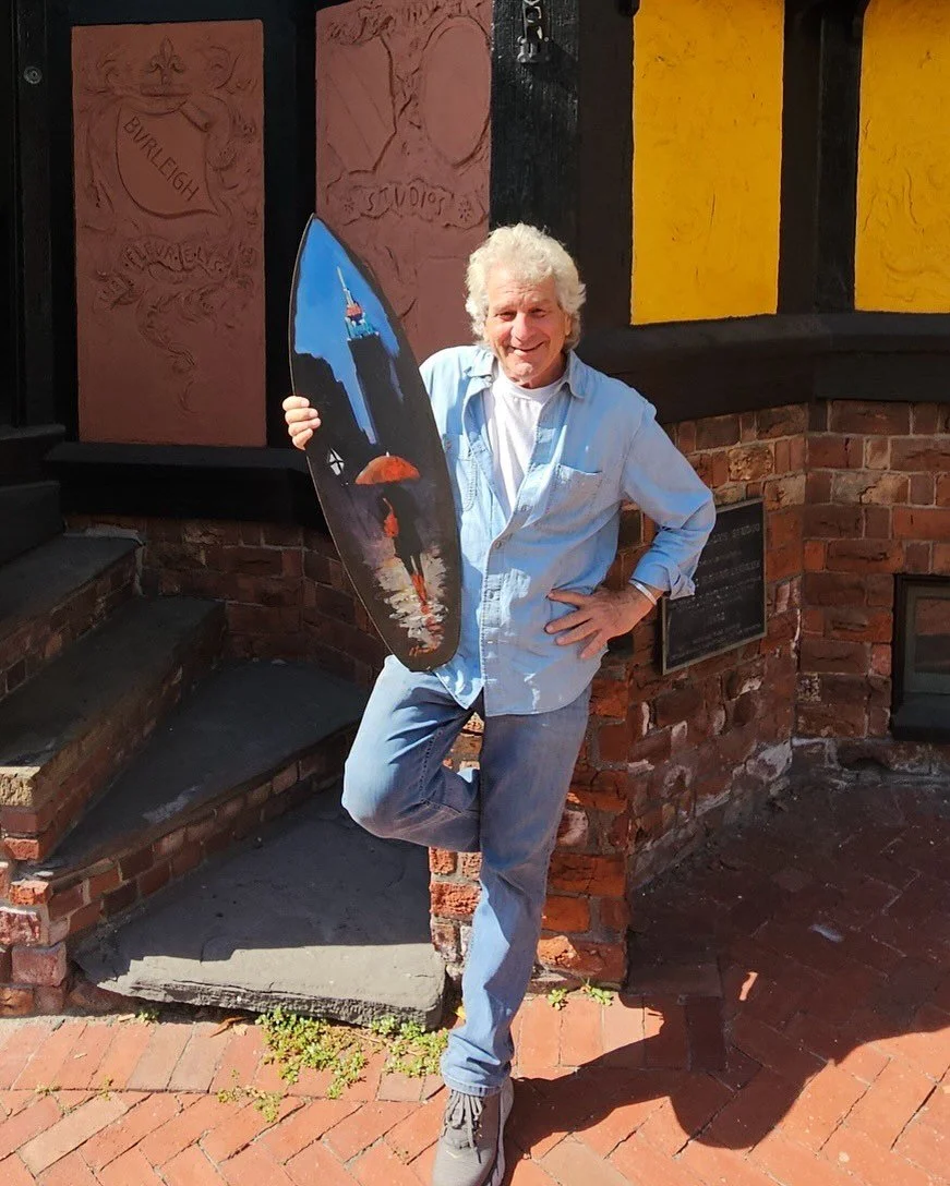 Providence fine artist Anthony Tomaselli has donated a custom painting on a surfboard shape to the Narragansett Chamber of Commerce 100 year celebration. Available in person at the Gala this Thursday the 22nd or online. Grateful to all the artists th
