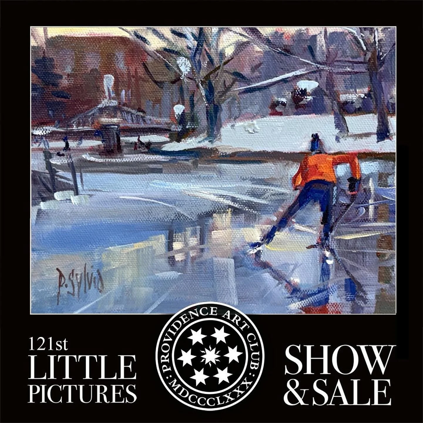Little Pictures opens in one week. Sunday November 9th at 12:00. Over 140 artists celebrate their small works. All $350 and under. Time to Deck the Walls! 
This oil painting is Boston Skating on Frog Pond 
#littlepictures2025 #pvdartclub #thewayback 