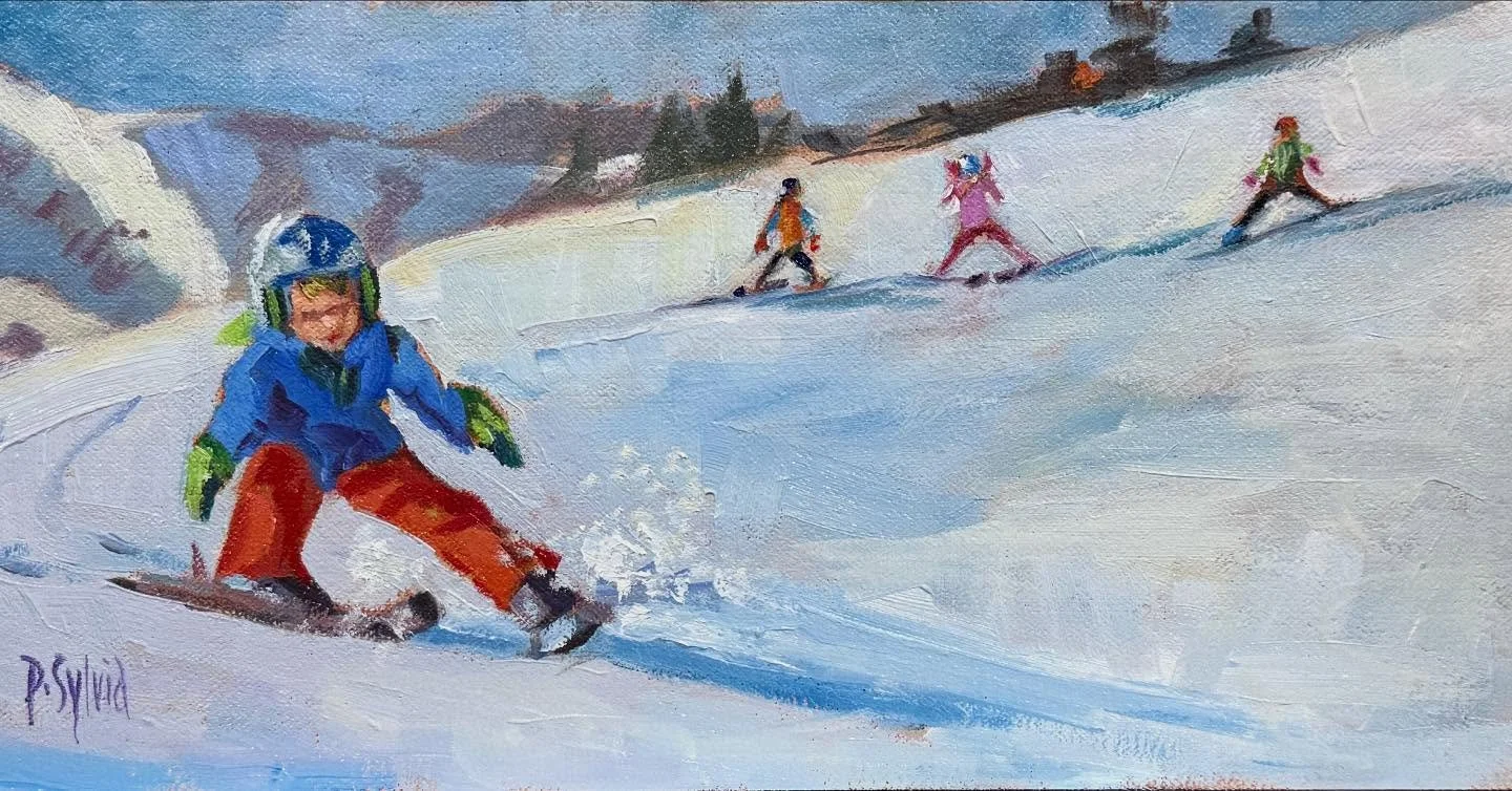 &ldquo;Snowplow&rdquo; is available at the Little Pictures Show at Providence Art Club. Halcyon days on the mountain. I loved those days of pizza/french fries on the trails. 
#littlepictures2025 #pvdartclub #oilpaintings #kidsskiing #mountainbabies #