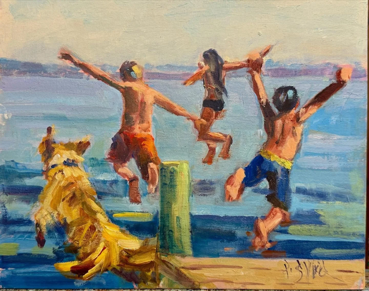 Who hasn&rsquo;t jumped off a dock? This Little Picture is @pvdartclub. 
Art After Dark tonight from 4-7:00 
Come have a drink and hang with us-100s of pieces of artwork for your collection or gifting 
#littlepictures2025 #pvdartclub #oilpainting #no