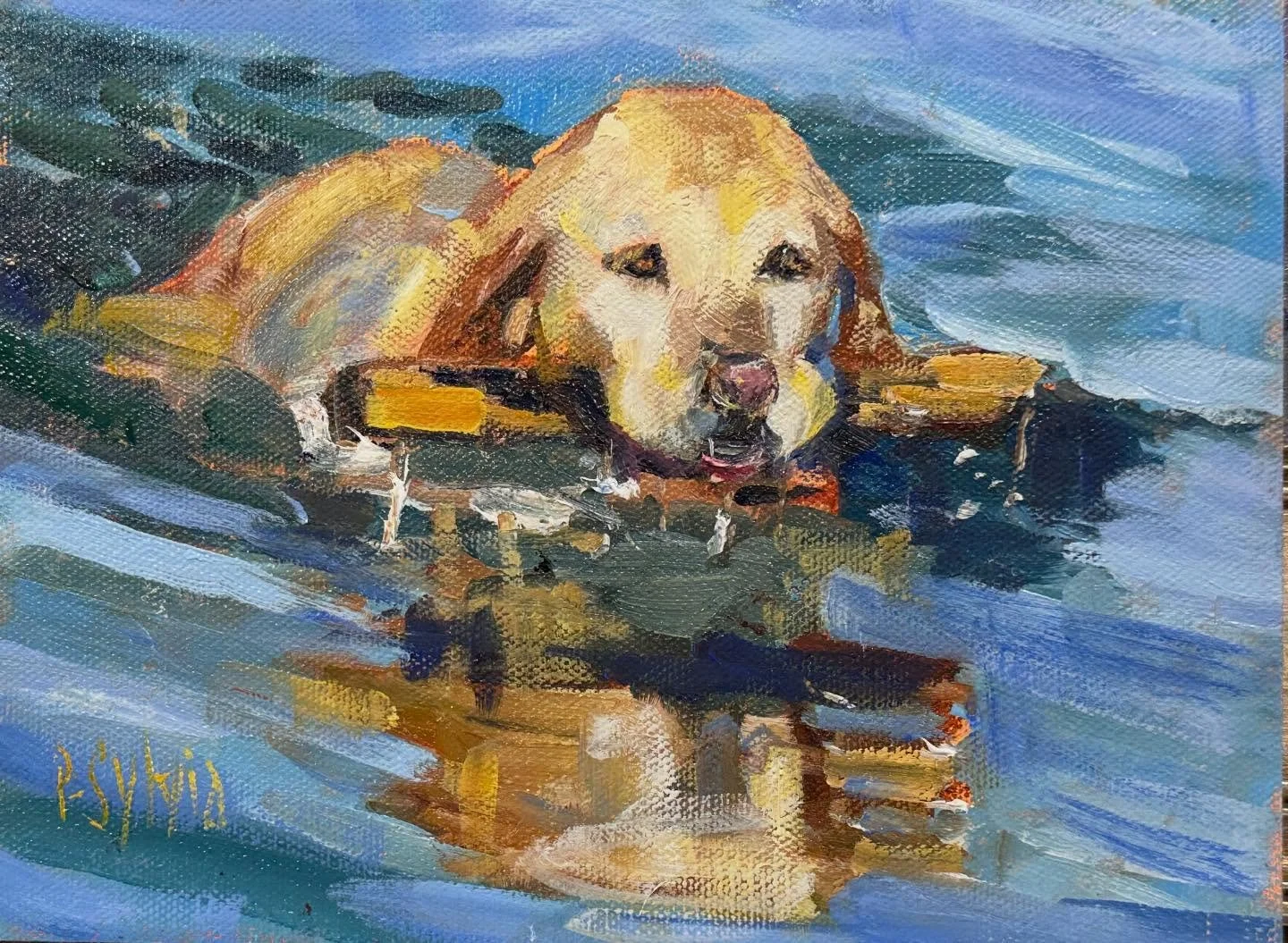 This pup was swimming (with his stick) at the mouth of the Narrow River a few summers ago. I&rsquo;ve always wanted to paint him. Soooo laid back and mellow. Just lying in the water waiting for his stick to be thrown. 
#waterdogs #narrowriver #narrag
