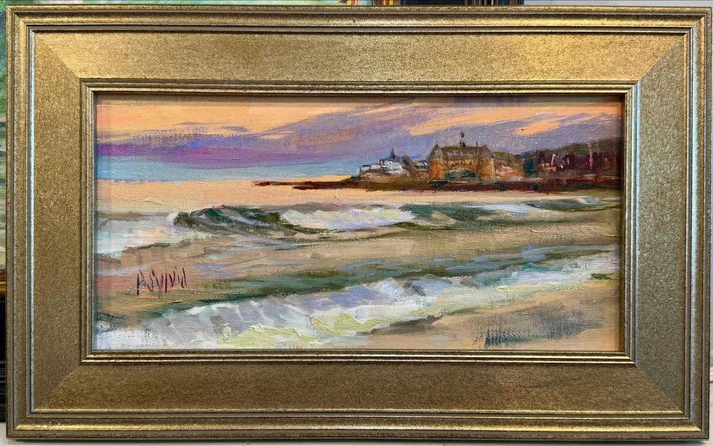 Available at Little Pictures @pvdartclub 
Golden Hour at Narragansett Beach - best time of day. 
Over 140 artists showcasing their creations
#goldenhour #narragansett #littlepictures2025