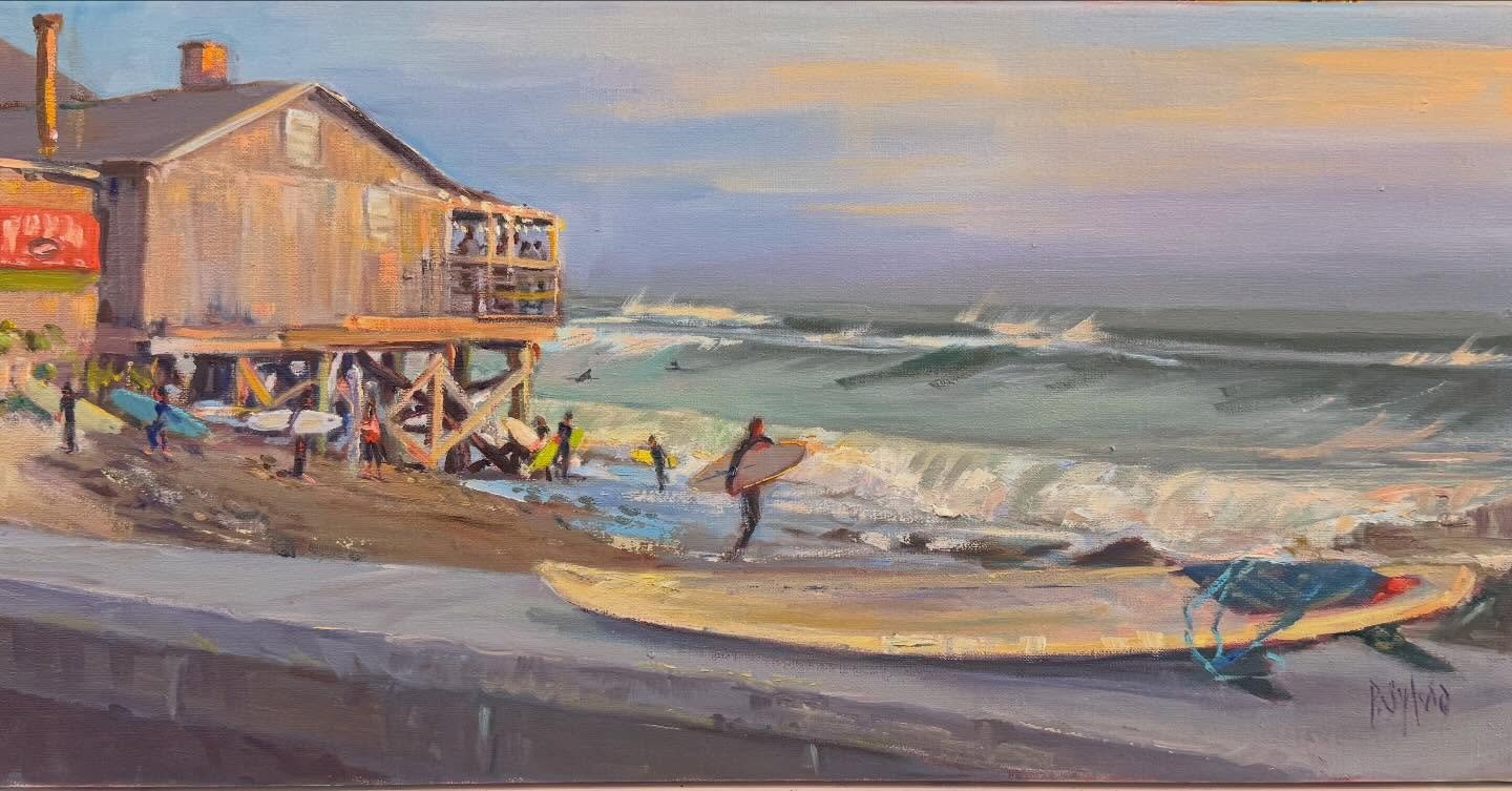 An autumn Ocean Mist golden hour. 24x12 oil painting 
#surfpainting #matunuckri #oceanmist #justabeachbar #rimonthly @patisylvia @oceanmistbar @paintersoverlight @newportartistscollective