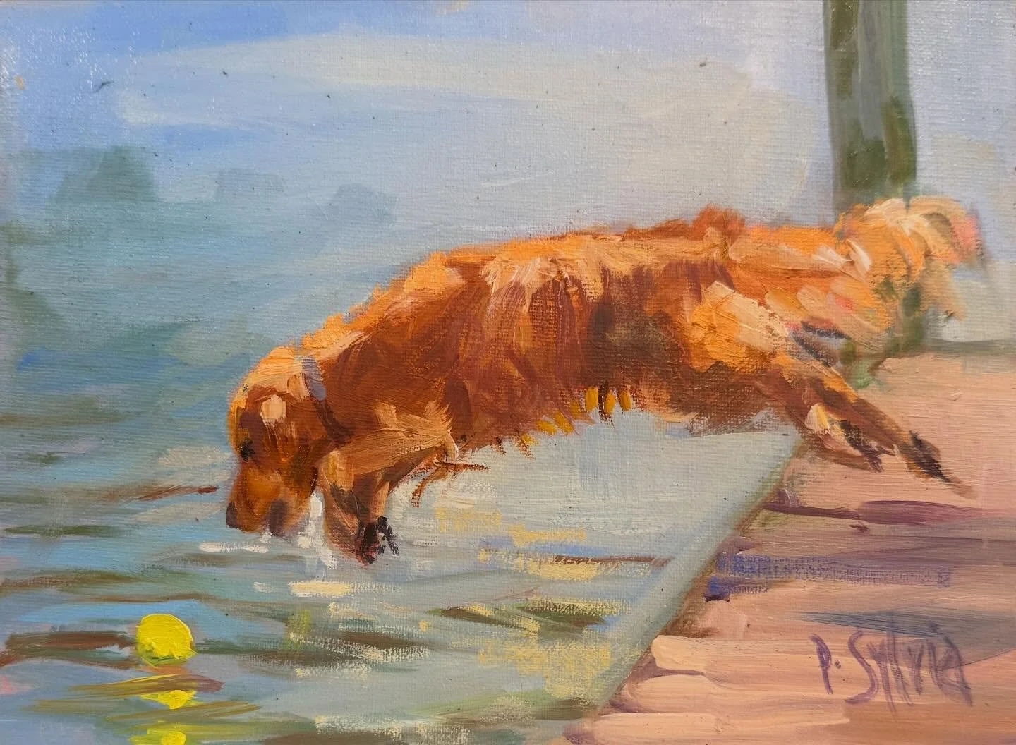 There&rsquo;s something about a red dog❤️
New oil painting at 123 Boon St , walking your pup in Gansett? - paws for a refresh and doggie treat! 
#narragansett #reddog #dockjumping #oilpaintings
#rimonthly