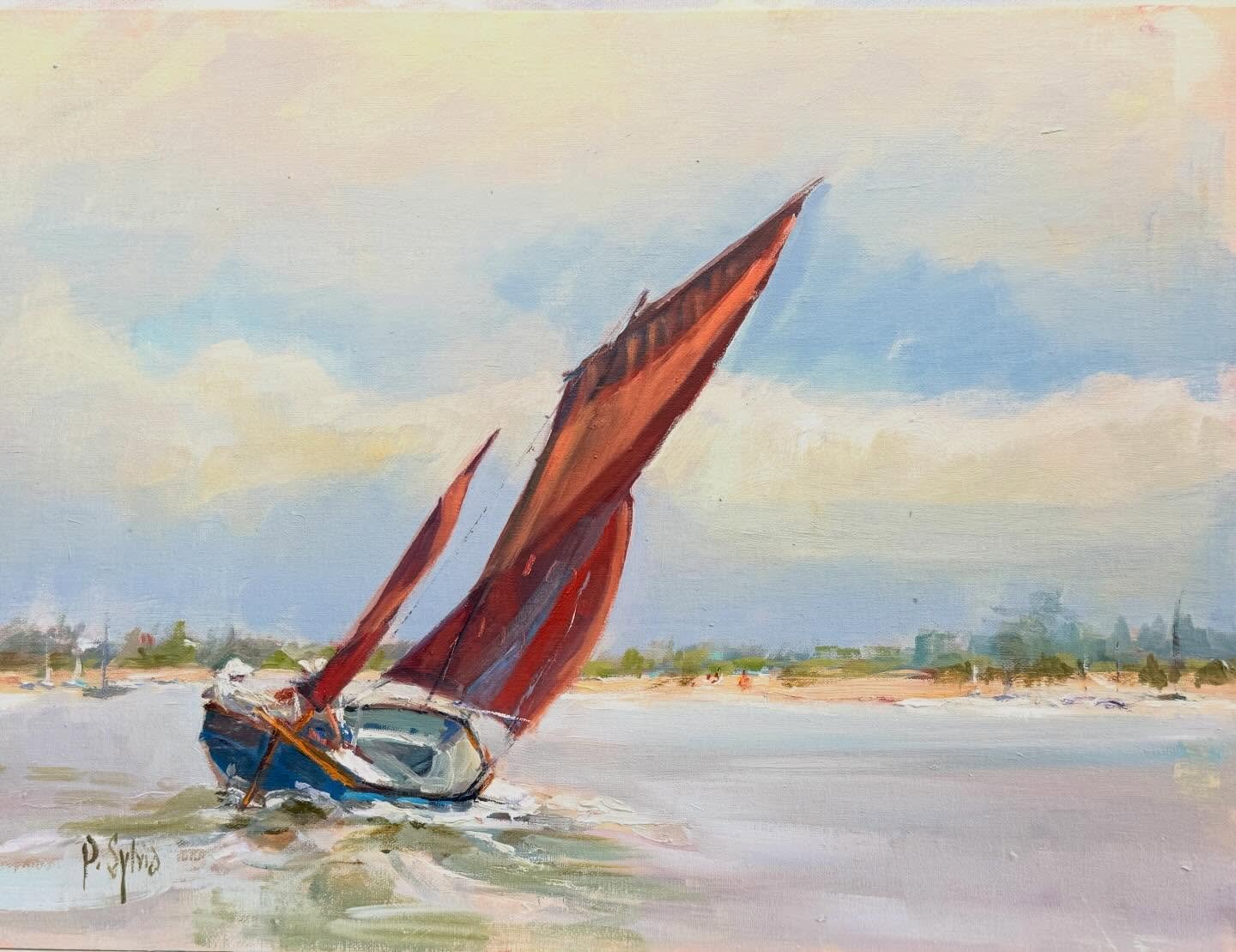There&rsquo;s this red sail cat boat on Salt Pond- I&rsquo;ve always wanted to paint it and finally did. Same couple for years enjoying the solitude. 
Recognize what beach they&rsquo;re in front of? 
#saltpond #southcountyri #catboatsofinstagram #oil