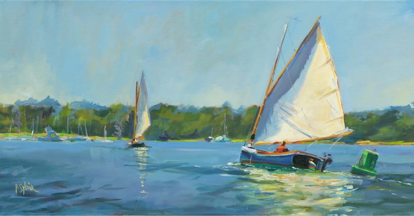 Cat Tack- 36&rdquo; oil painting of catboats on Salt Pond. Available at Charlestown Gallery #catboat #summerwind #coastaldecor #so_rimag #saltpond  @pvdartclub @providencemedia @charlestowngalleryri @newportartistscollective @patisylvia