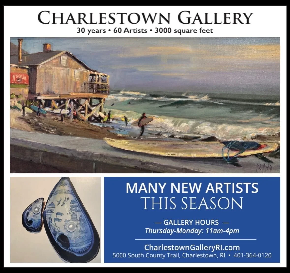Visit the Charlestown Gallery this summer and discover the largest collection of fine contemporary art in Southern Rhode Island. You&rsquo;ll find a piece that speaks to you. Choose the one that grabs your heart. 
#coastalartist #justabeachbar #oilpa