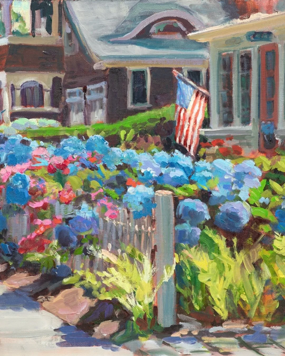 Happy birthday America ❤️
&ldquo;Summer Side street&rdquo; in July. A flag amongst hydrangeas. Iconic coastal street 
#coastalart #narragansett #nosummerevercameback @patisylvia