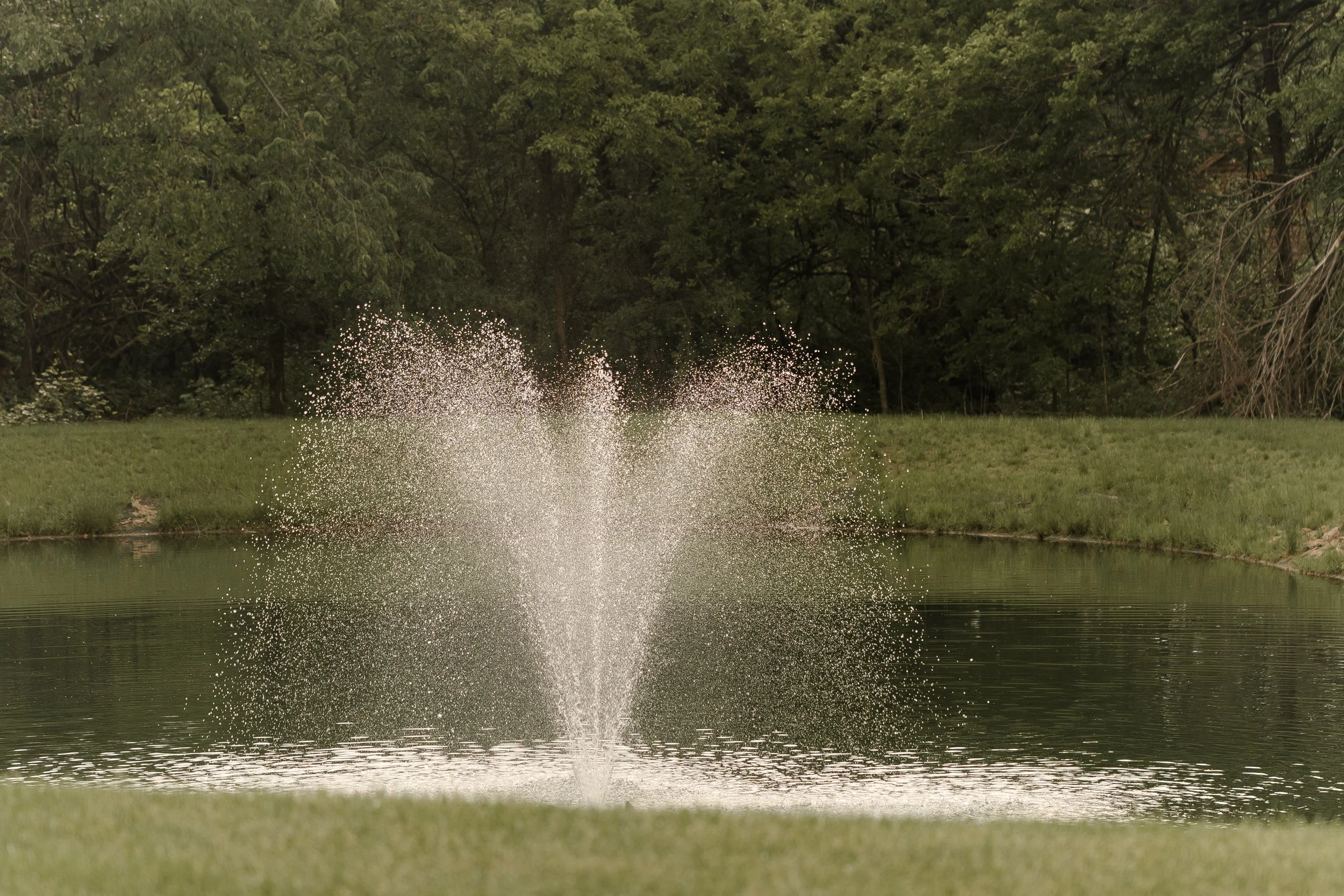 Fountain flowing in a peaceful pond outside this Des Moines event venue in Central Iowa—offering a serene outdoor setting perfect for weddings, celebrations, and special gatherings.