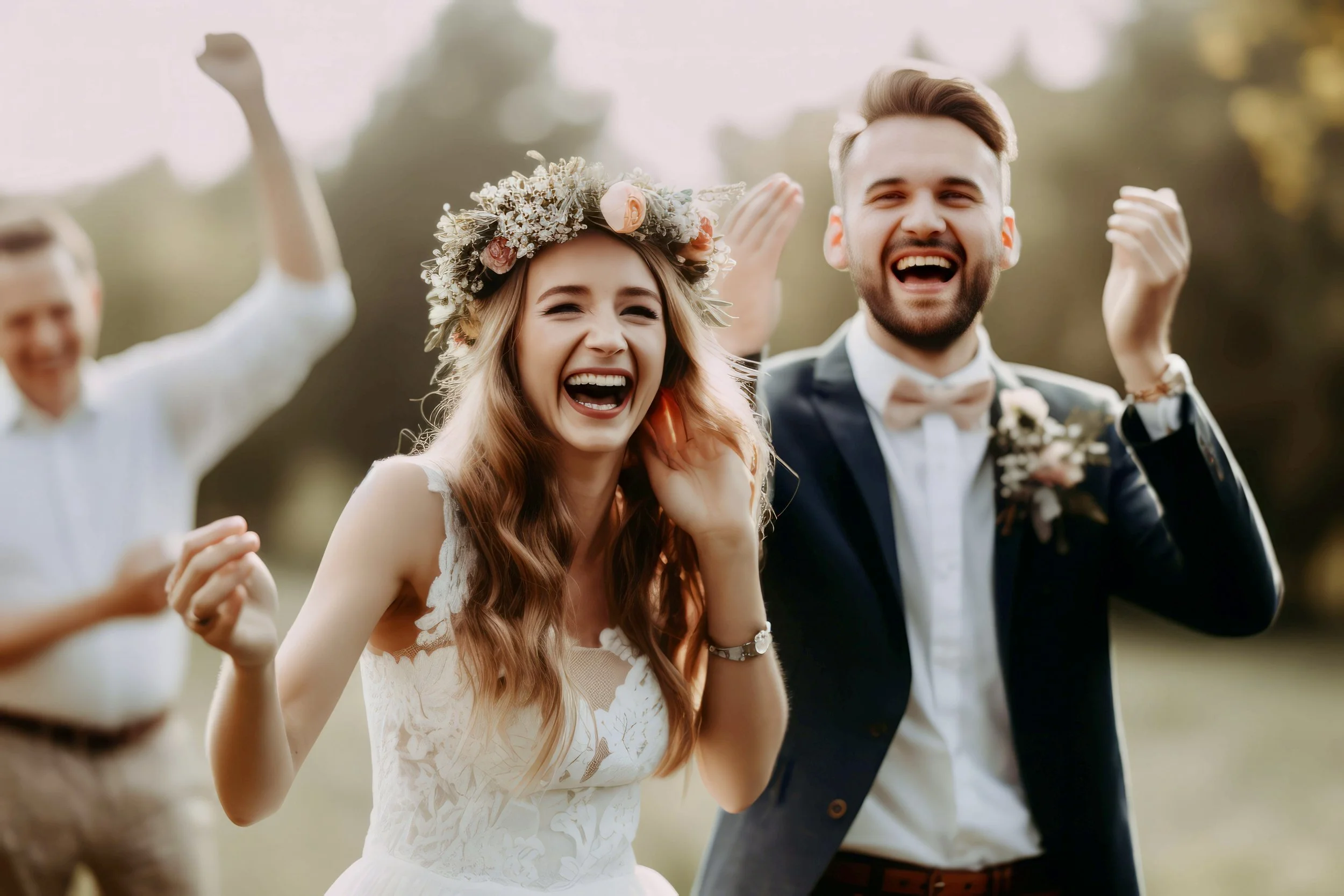 A bride and groom smiling and celebrating outdoors with friends, one man raising his fist in the background.