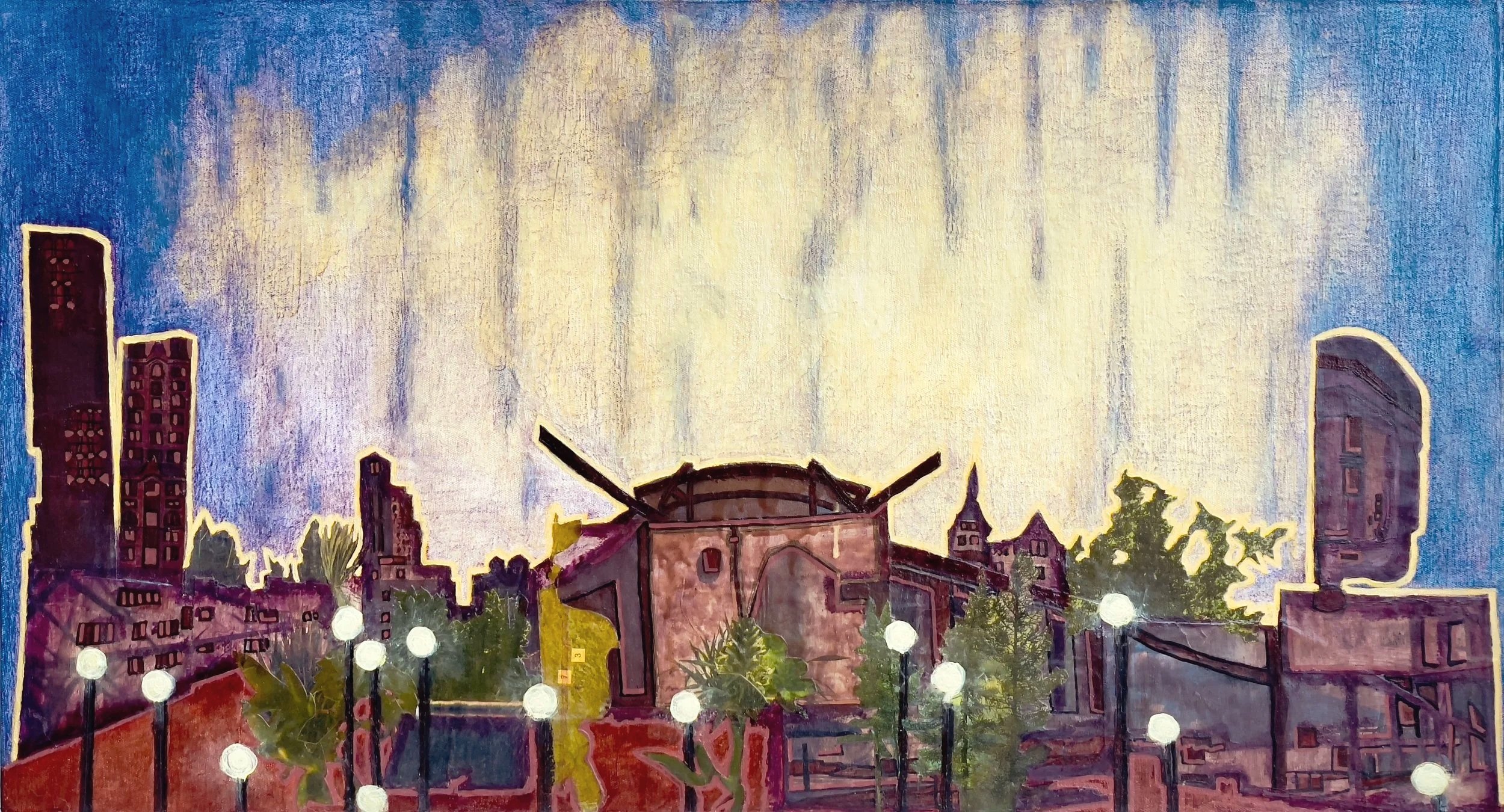 Lightning Strike. Oil and collage on canvas (unframed), 17x31in, 2015.