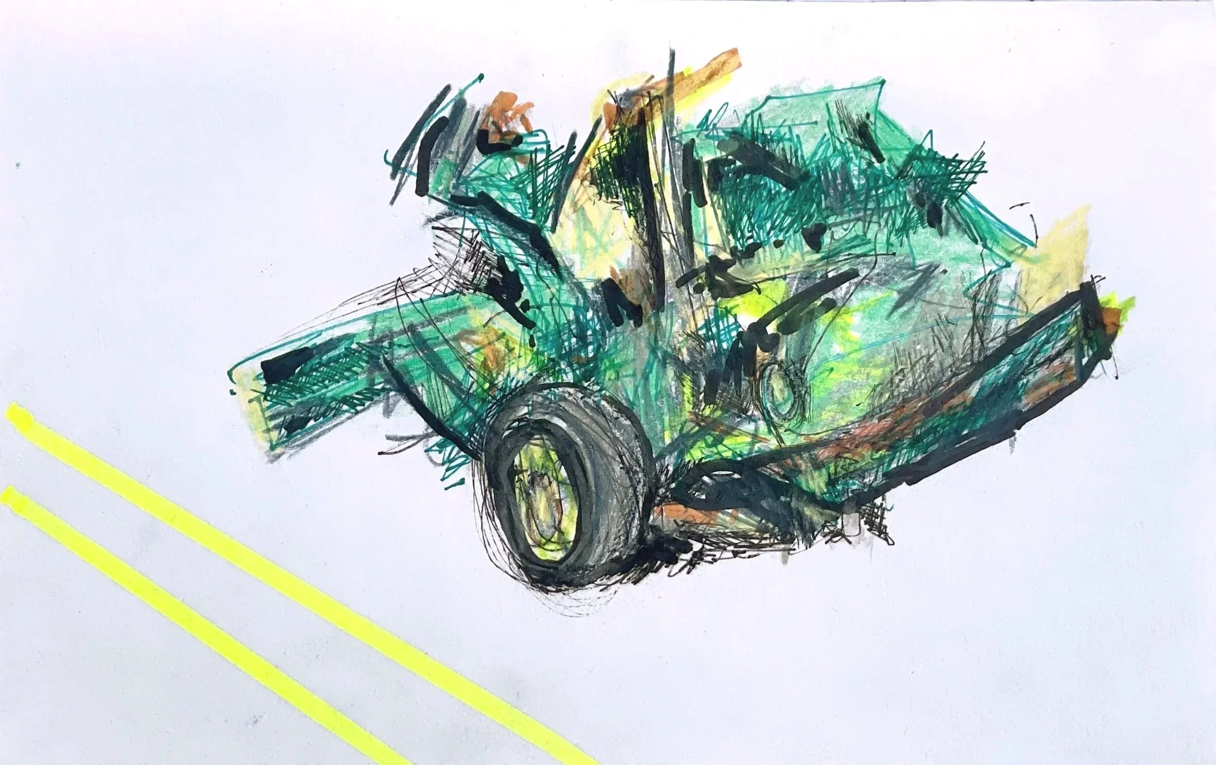 Crash. Marker, colored pencil, graphite and ink on paper, 5.25x8.25in, 2026.