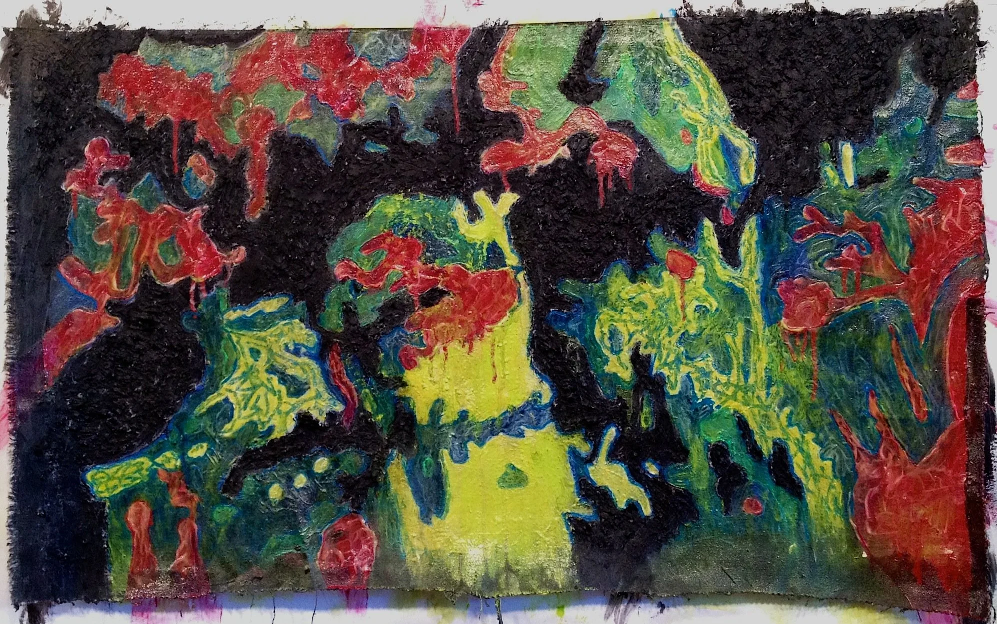 Plume (The Oil Spill). Acrylic grounds and oil on canvas (unstretched), 21.25x33.75in, 2013.