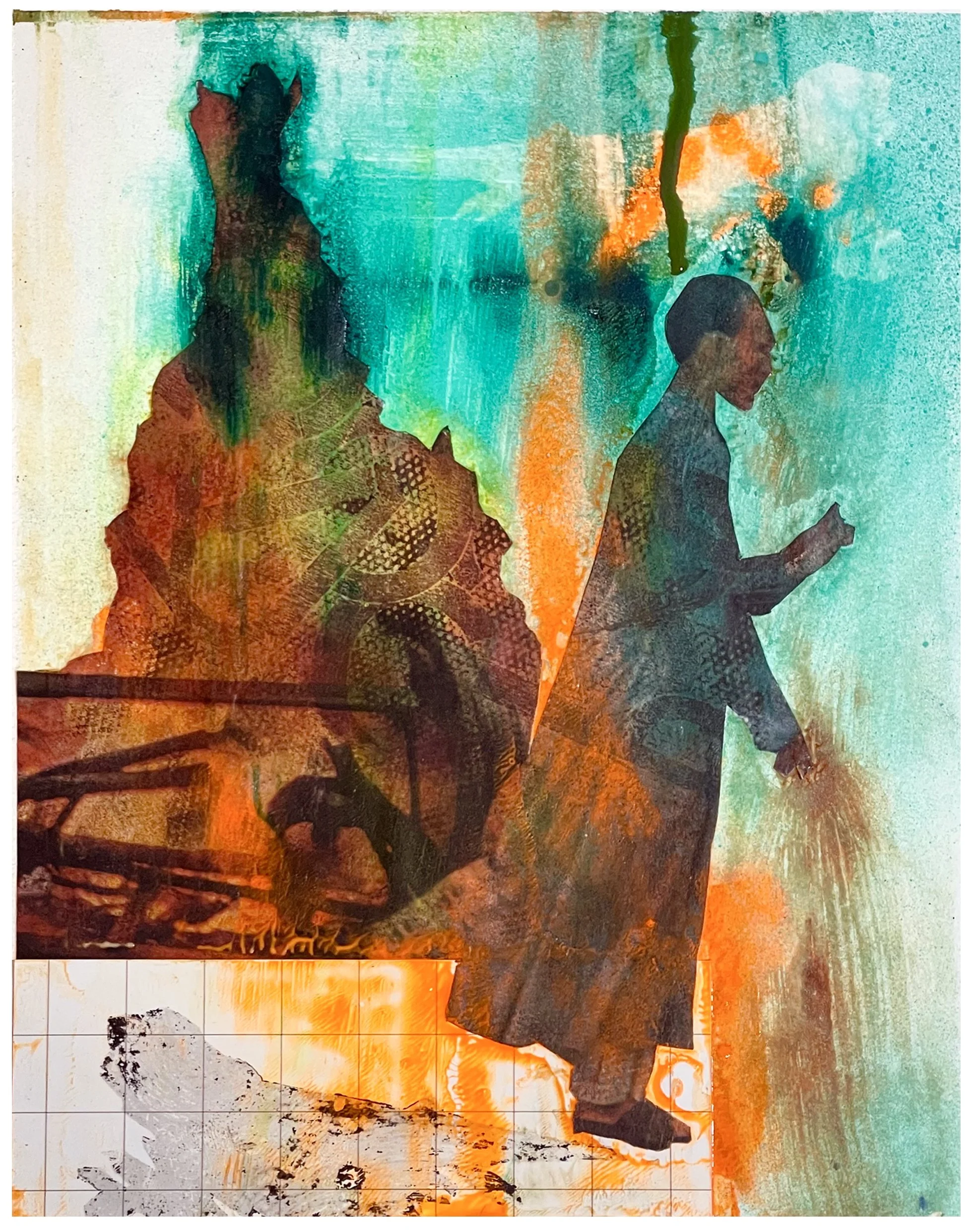 Fever Pitch. Collage, collotype, stencil, and monotype on paper, 8.5x11in, 2025.