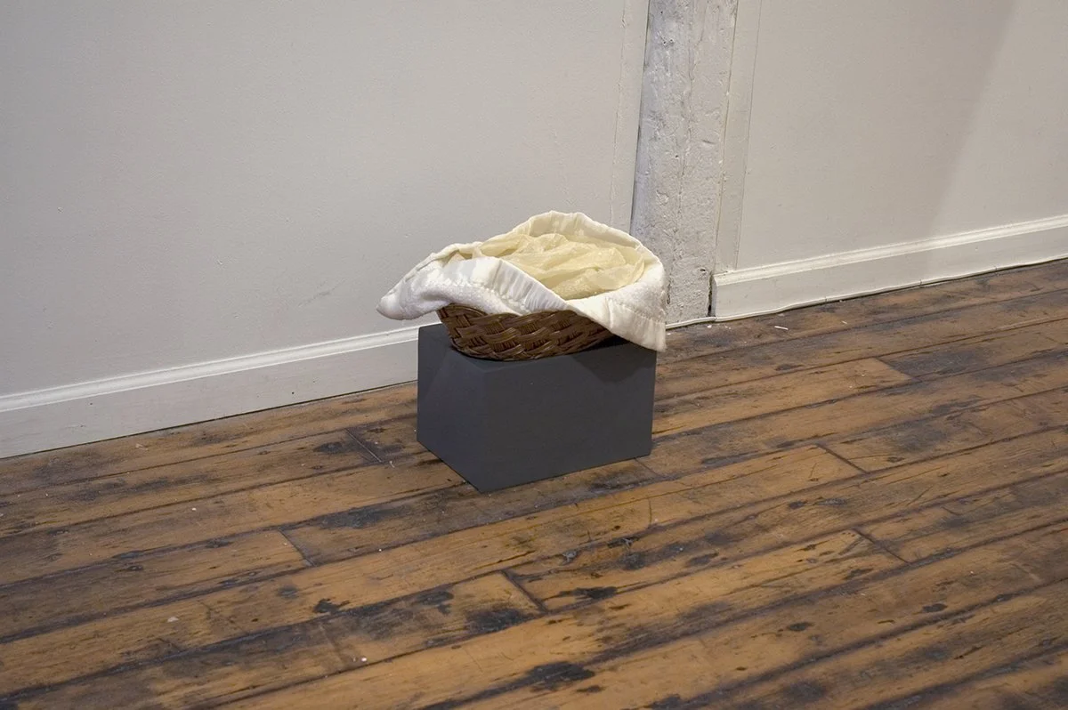 Offering. Basket, blanket, cow intestines, beeswax, audio (3min loop). Approx. 14x10x12in, 2005.