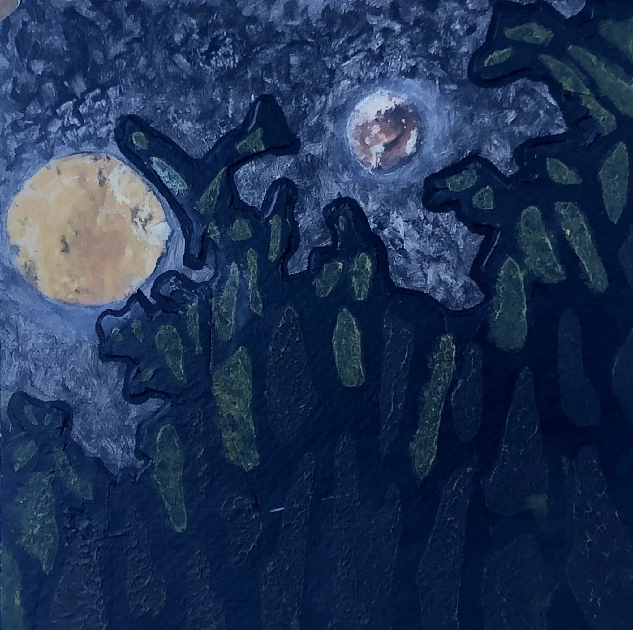 Moon Phase. Collage and oil on gesso board, 6x6in, 2016.